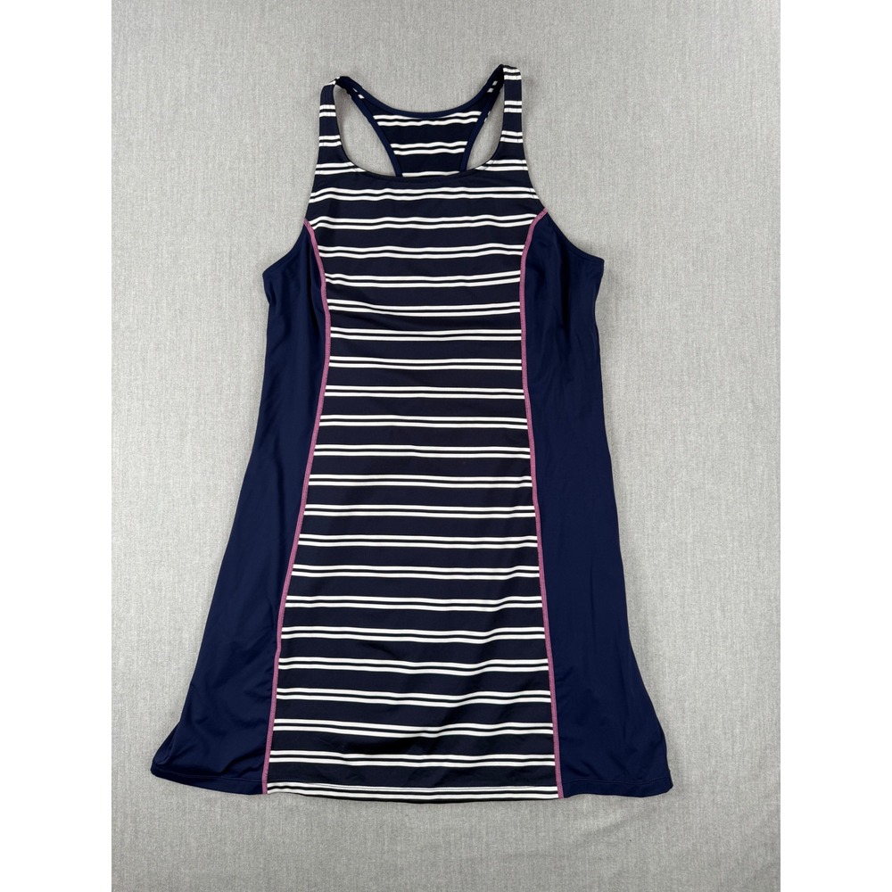 Beach House Women Blue Striped Racerback Swim Dress Large Nautical Coverup